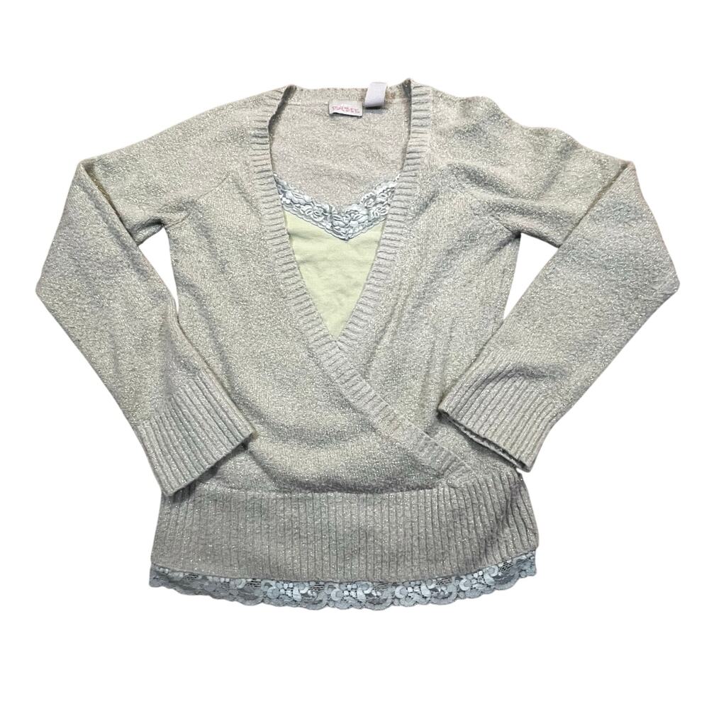 PAME Womens XL Knit V Neck Sweater Lace Trim Layered Top Green Wrap Y2K